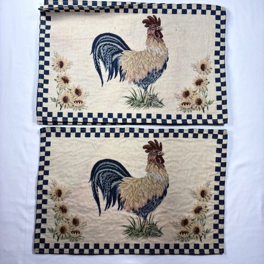 Vintage Rooster Woven Tapestry Placemats Set of 4 Farmhouse Sunflower Navy Blue